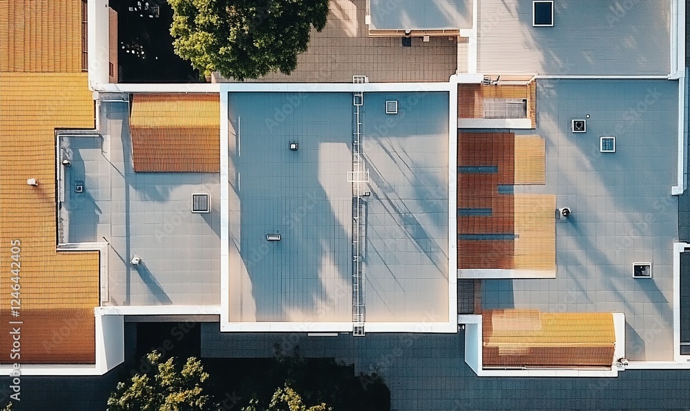 Poster aerial view of rooftops with various textures, colors, and shadows from trees and structures
