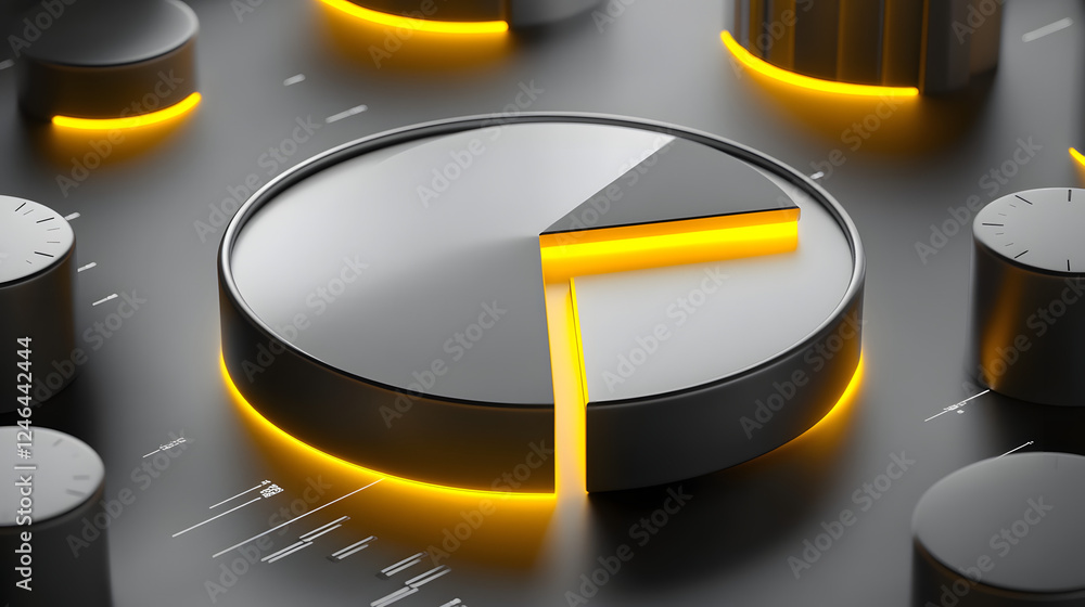 Poster cute isometric 3d image of 3d pie chart and bar chart in realistic metallic silver illuminated by ne