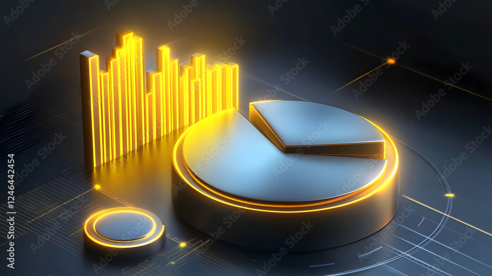 Poster cute isometric 3d image of 3d pie chart and bar chart in realistic metallic silver illuminated by ne