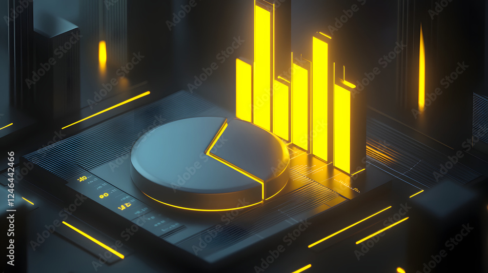 Poster cute isometric 3d image of 3d pie chart and bar chart in realistic metallic silver illuminated by ne