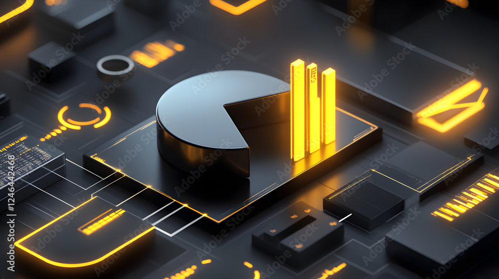 Poster cute isometric 3d image of 3d pie chart and bar chart in realistic metallic silver illuminated by ne