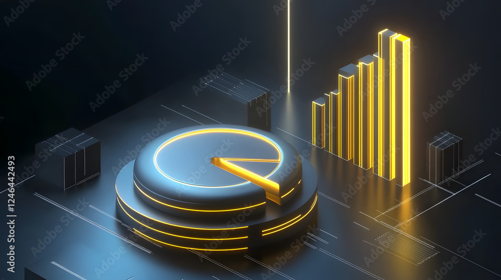 Poster cute isometric 3d image of 3d pie chart and bar chart in realistic metallic silver illuminated by ne
