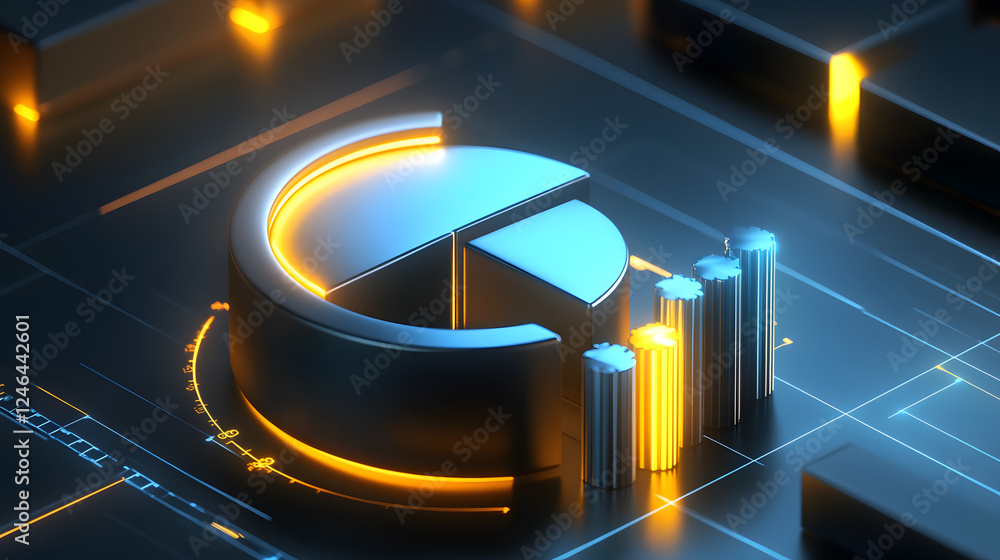 Poster cute isometric 3d image of 3d pie chart and bar chart in realistic metallic silver illuminated by ne