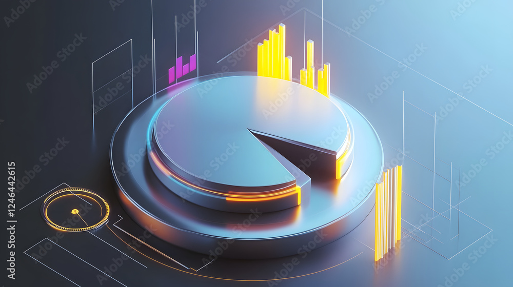 Aufkleber cute isometric 3d image of 3d pie chart and bar chart in realistic metallic silver illuminated by ne
