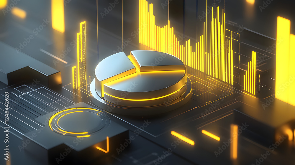 Poster cute isometric 3d image of 3d pie chart and bar chart in realistic metallic silver illuminated by ne