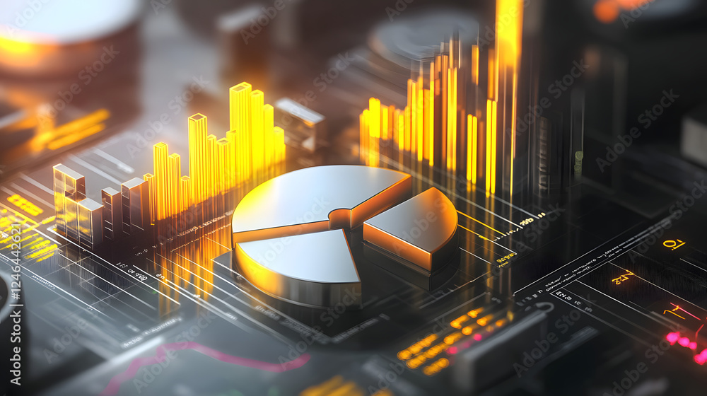 Poster cute isometric 3d image of 3d pie chart and bar chart in realistic metallic silver illuminated by ne