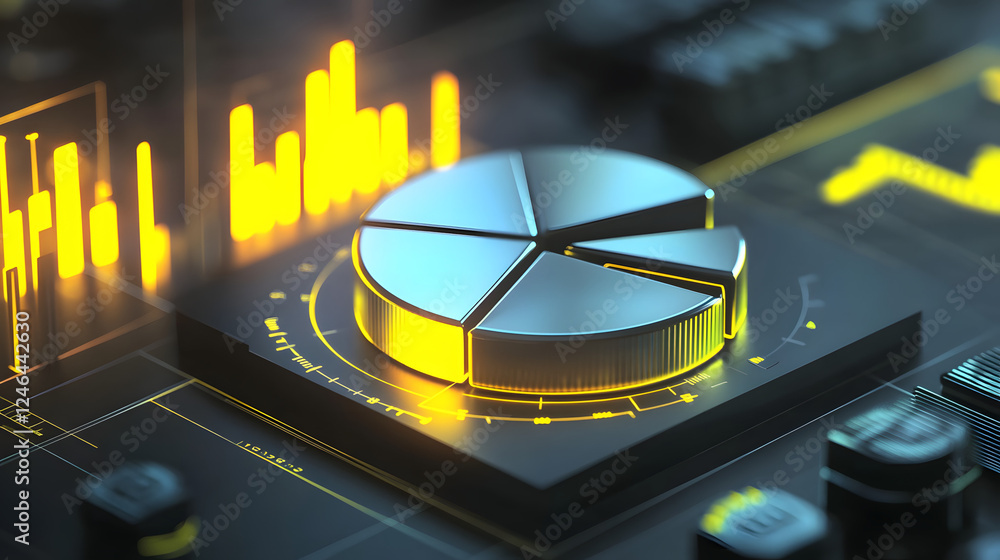 Aufkleber cute isometric 3d image of 3d pie chart and bar chart in realistic metallic silver illuminated by ne