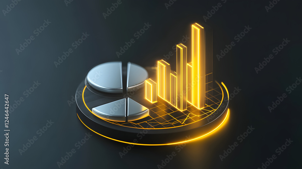 Poster cute isometric 3d image of 3d pie chart and bar chart in realistic metallic silver illuminated by ne