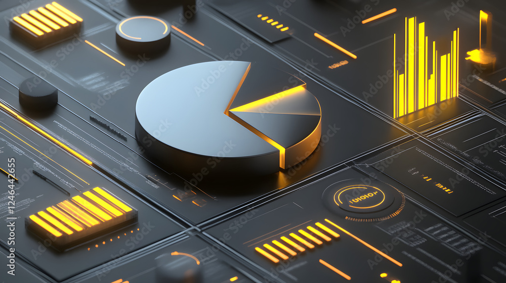Poster cute isometric 3d image of 3d pie chart and bar chart in realistic metallic silver illuminated by ne