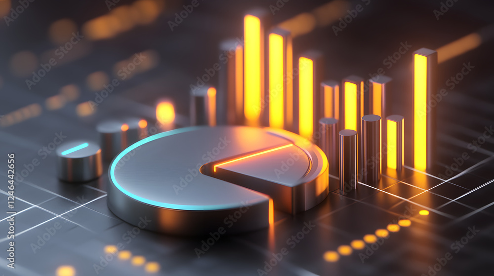 Poster cute isometric 3d image of 3d pie chart and bar chart in realistic metallic silver illuminated by ne