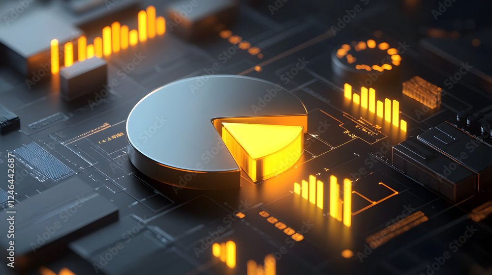 Poster cute isometric 3d image of 3d pie chart and bar chart in realistic metallic silver illuminated by ne