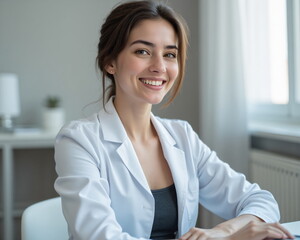 Professional in White Lab Coat with Genuine Smile in Modern Medical Office Setting