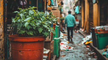 Urban alleyway plant pot, man walking, trash background; city life