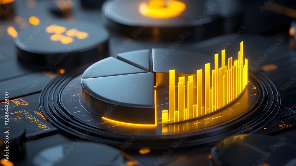 Aufkleber cute isometric 3d image of 3d pie chart and bar chart in realistic metallic silver illuminated by ne