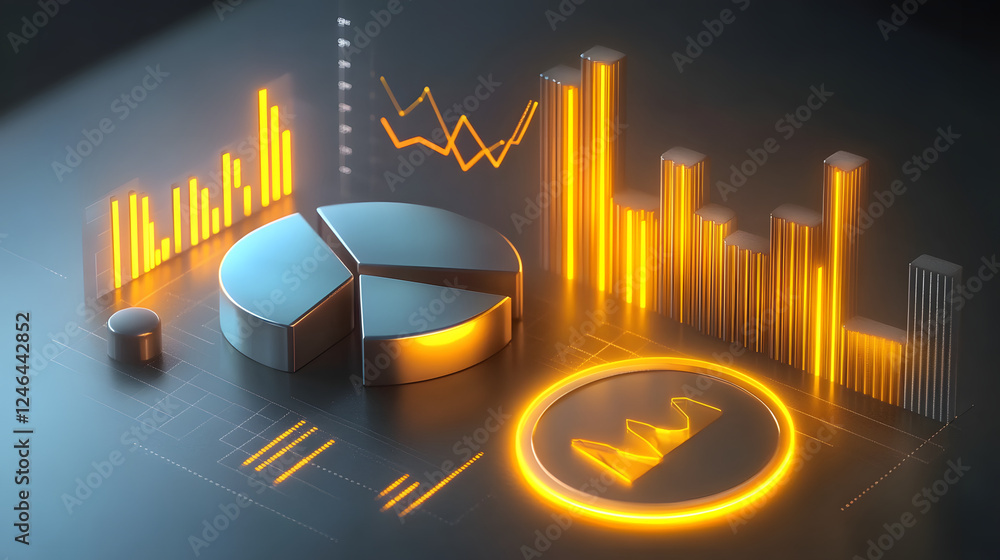 Aufkleber cute isometric 3d image of 3d pie chart and bar chart in realistic metallic silver illuminated by ne