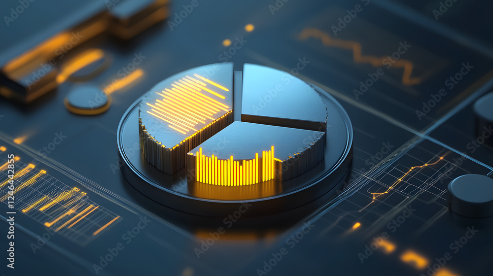 Poster cute isometric 3d image of 3d pie chart and bar chart in realistic metallic silver illuminated by ne