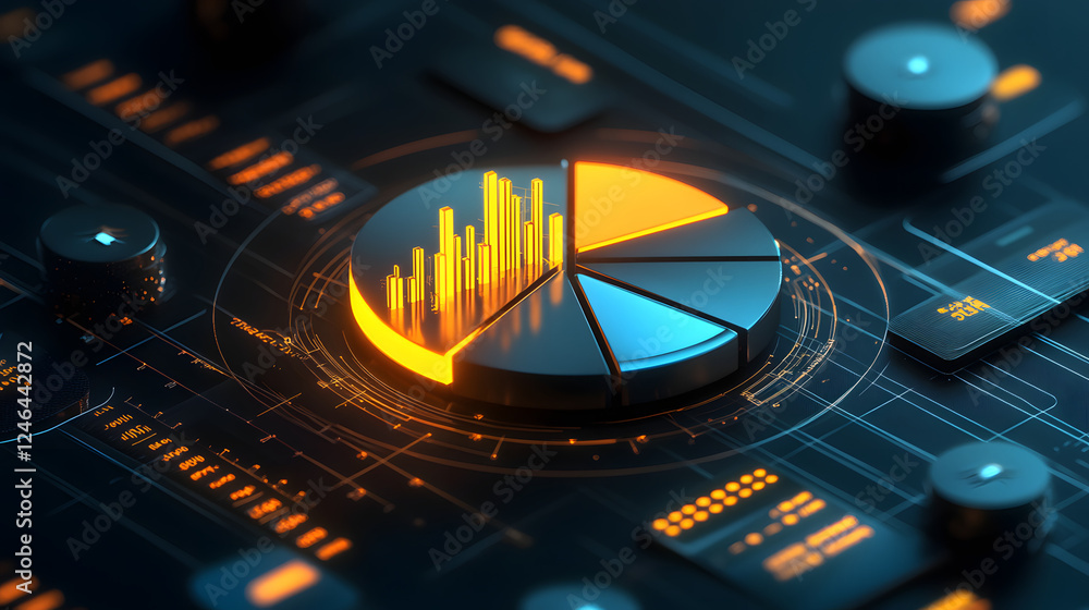 Poster cute isometric 3d image of 3d pie chart and bar chart in realistic metallic silver illuminated by ne