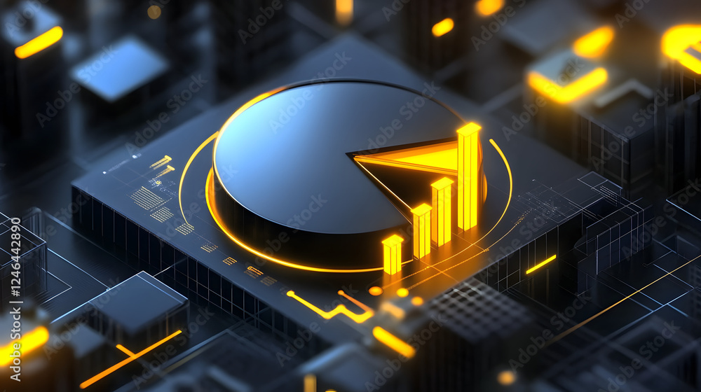 Poster cute isometric 3d image of 3d pie chart and bar chart in realistic metallic silver illuminated by ne