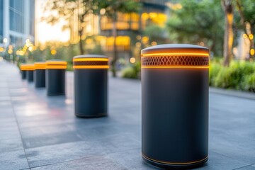 Sustainable technology recycling smart system. A row of modern, illuminated bollards line a pathway, enhancing urban aesthetics and safety with a warm glow in a serene outdoor setting.