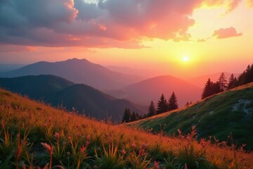 Obraz premium Gentle sunrise with blending of warm hues on hillsides, soft, gentle