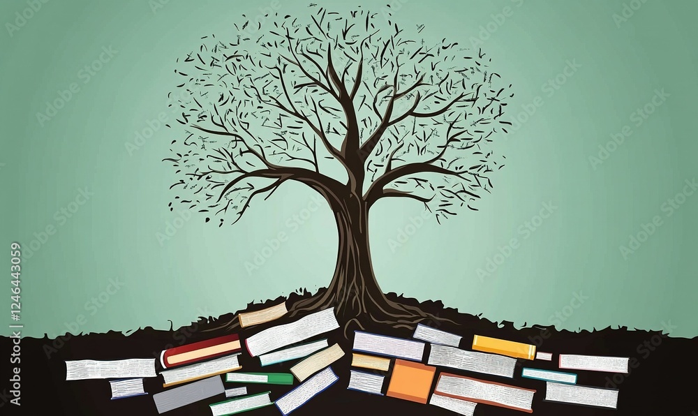 Aufkleber bare tree with roots in pile of books, symbolizing knowledge and learning