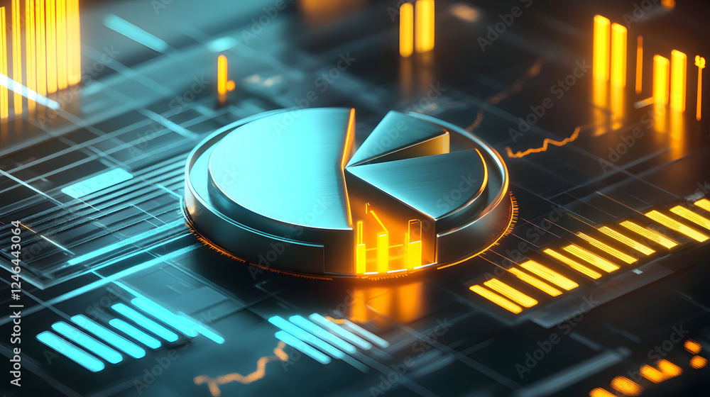 Poster cute isometric 3d image of 3d pie chart and bar chart in realistic metallic silver illuminated by ne