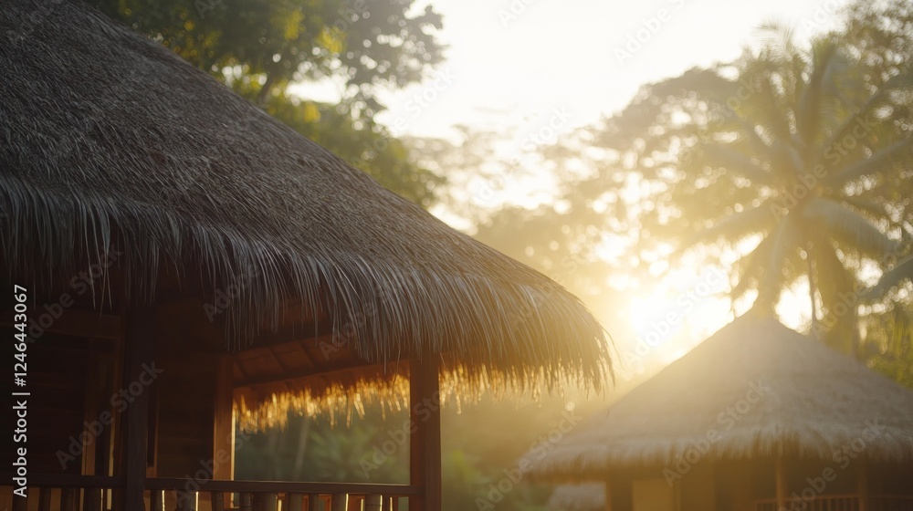 Poster Lush palm leaves fill the frame of a tropical jungle with sunlight filtering through trees, creating an exotic atmosphere perfect for relaxation or adventure