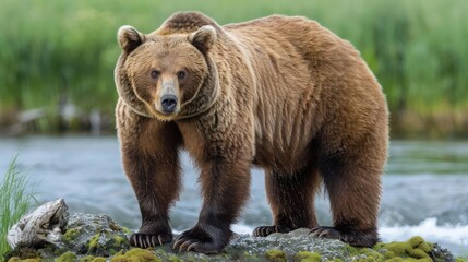 Obraz premium Grizzly bear standing majestically on a rocky shore near a flowing river, surrounded by lush greenery