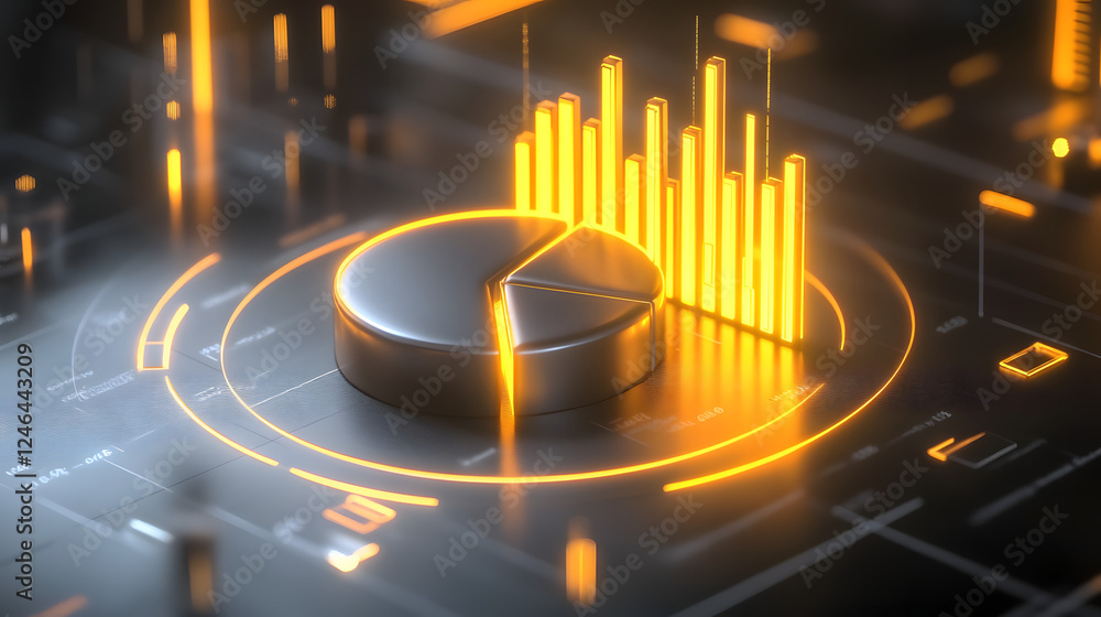 Poster cute isometric 3d image of 3d pie chart and bar chart in realistic metallic silver illuminated by ne