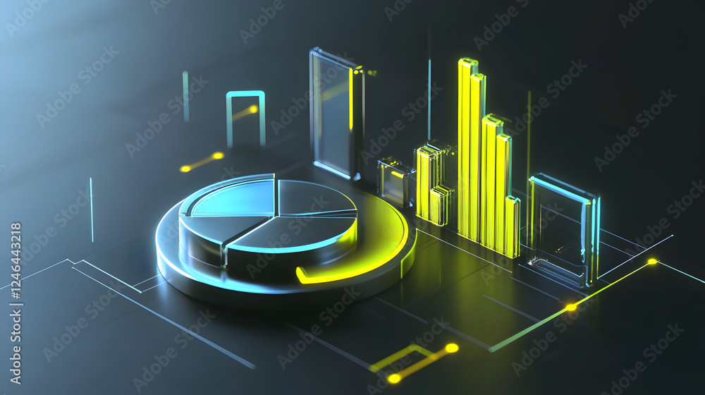 Poster cute isometric 3d image of 3d pie chart and bar chart in realistic metallic silver illuminated by ne