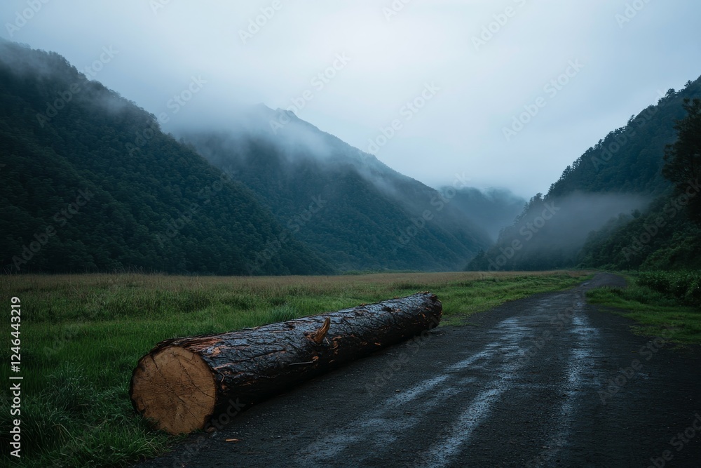 Poster a fallen tree blocks a rural dirt path, surrounded by dewy grass and distant mist-covered hills, cre