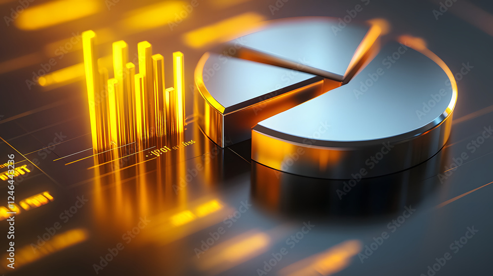 Poster cute isometric 3d image of 3d pie chart and bar chart in realistic metallic silver illuminated by ne