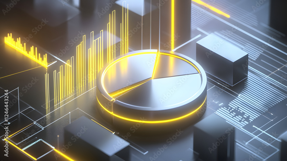 Poster cute isometric 3d image of 3d pie chart and bar chart in realistic metallic silver illuminated by ne