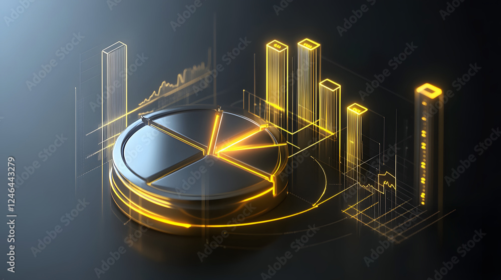 Poster cute isometric 3d image of 3d pie chart and bar chart in realistic metallic silver illuminated by ne