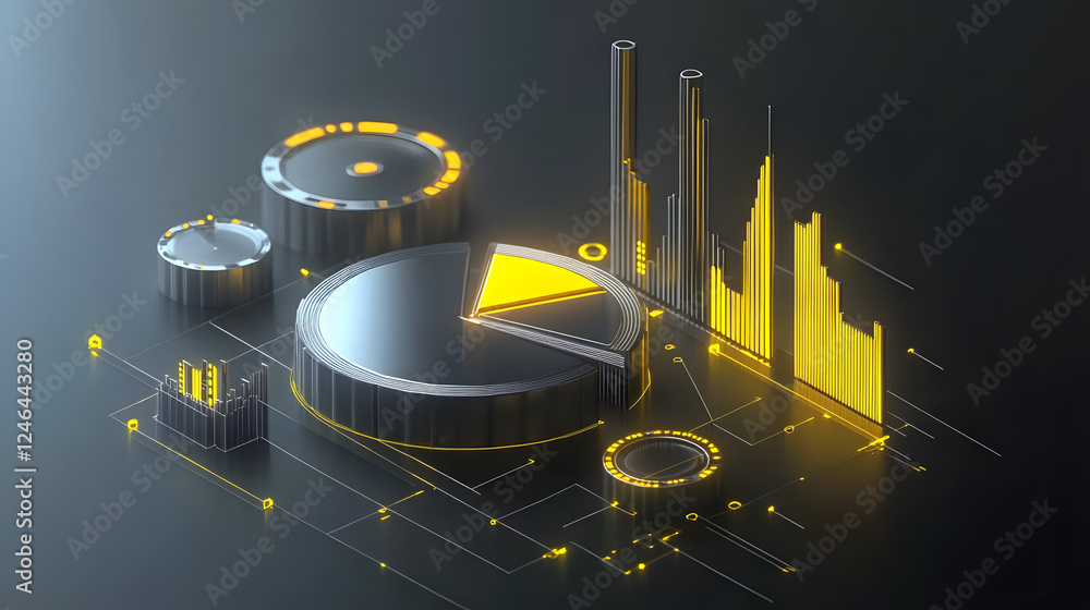 Poster cute isometric 3d image of 3d pie chart and bar chart in realistic metallic silver illuminated by ne