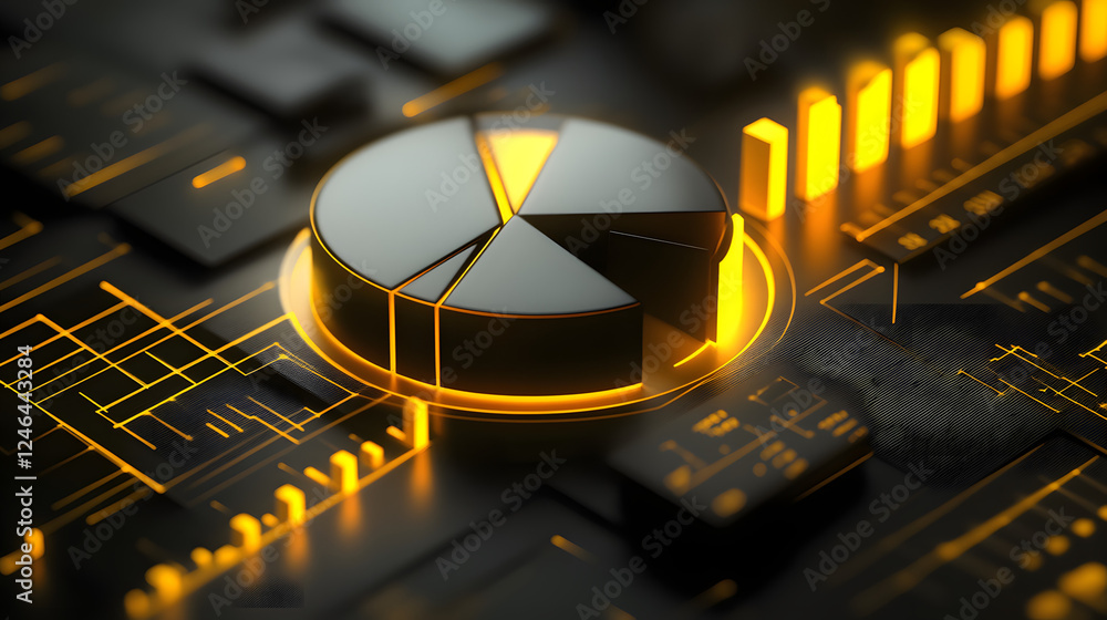 Poster cute isometric 3d image of 3d pie chart and bar chart in realistic metallic silver illuminated by ne