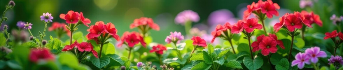 Geranium robertianum flowers in a garden bed with other flowering plants, foliage, wildflower, flower