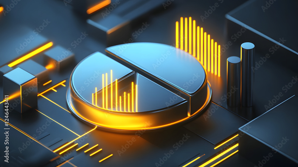 Poster cute isometric 3d image of 3d pie chart and bar chart in realistic metallic silver illuminated by ne