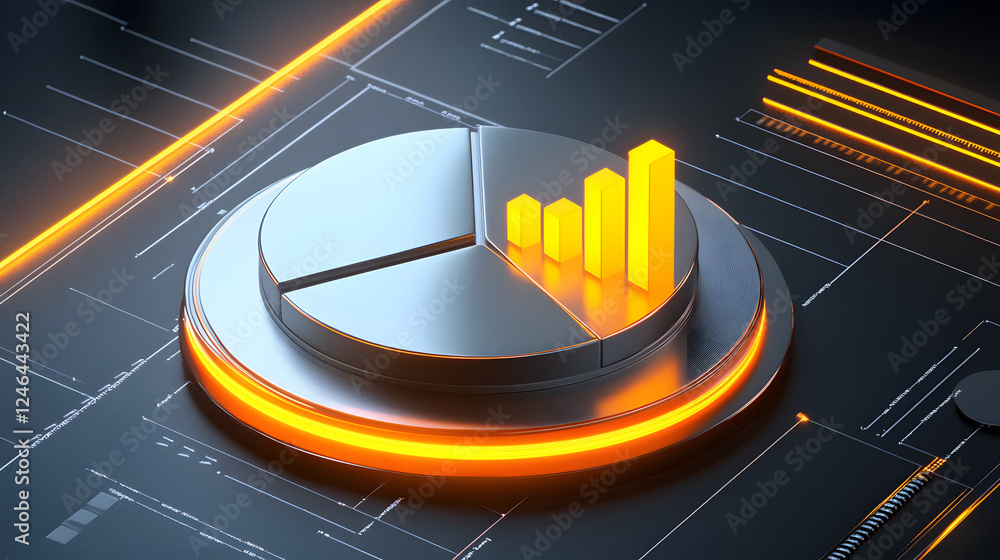 Poster cute isometric 3d image of 3d pie chart and bar chart in realistic metallic silver illuminated by ne