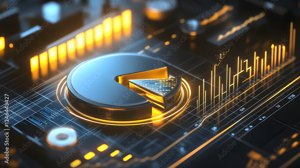 Poster cute isometric 3d image of 3d pie chart and bar chart in realistic metallic silver illuminated by ne