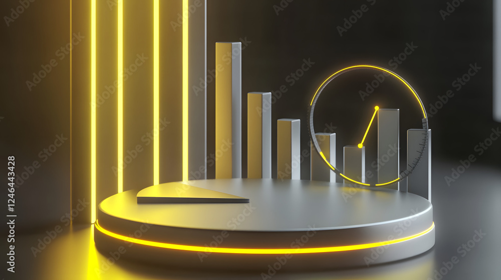 Poster cute isometric 3d image of 3d pie chart and bar chart in realistic metallic silver illuminated by ne