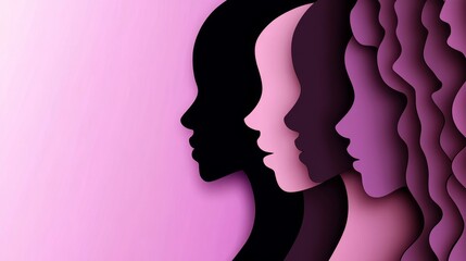 International Women's Day poster featuring silhouettes of diverse women’s faces in elegant paper cut style with copy space. Symbolizing sisterhood, female empowerment, independence, gender equality