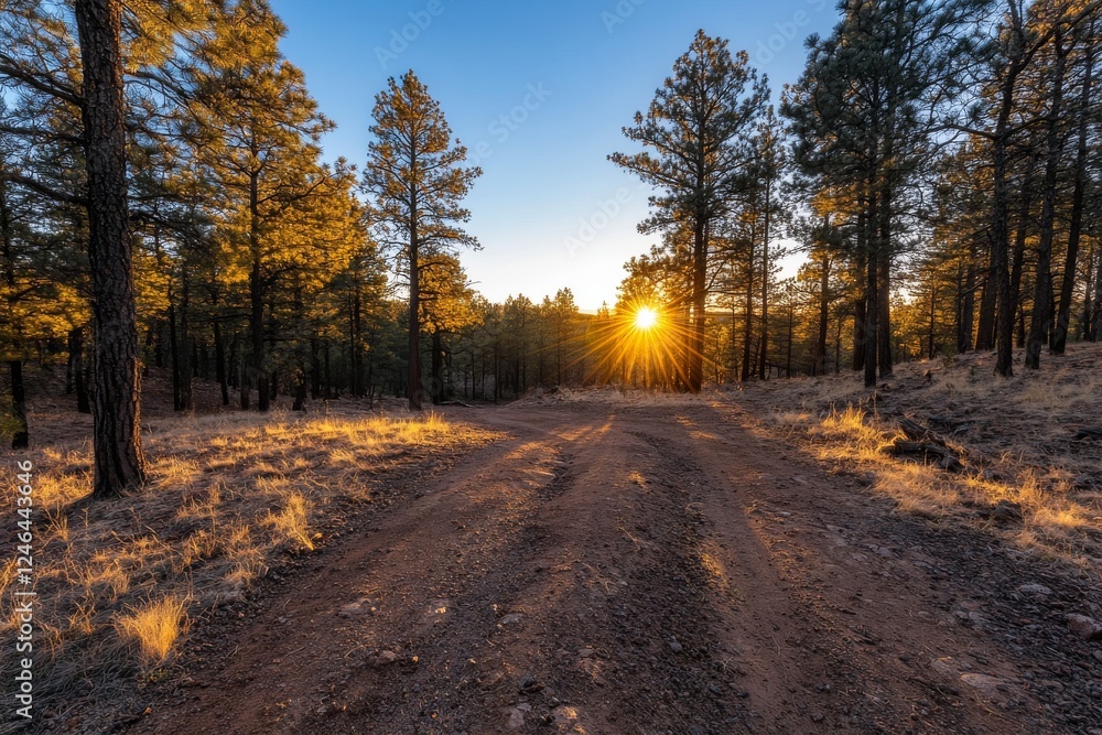 Aufkleber Sunlight filters through tall trees, creating a warm glow in a serene forest clearing. A dirt trail winds invitingly, leading into the peaceful landscape