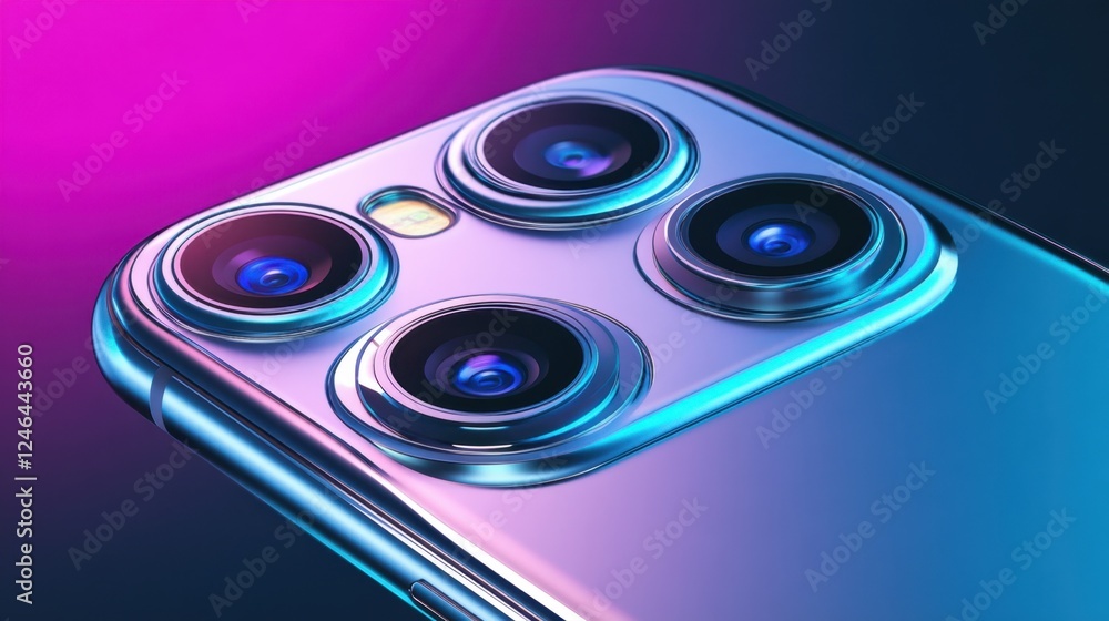 Poster a smartphone with multiple cameras highlighting ai-powered photography on a bold color background.