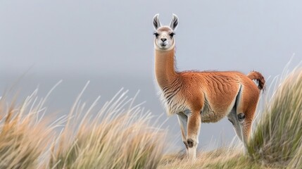 Fototapeta premium A graceful llama stands on a grassy hilltop, overlooking a serene landscape with soft clouds