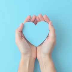 Fototapeta premium Hands holding blue heart on light blue background, symbolizing love and care