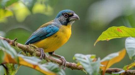 Fototapeta premium Vibrant bird perched on a branch surrounded by lush foliage in a tropical forest setting