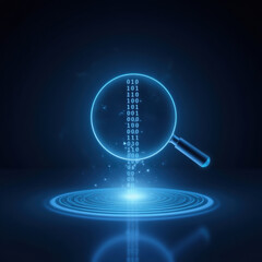 Digital magnifying glass revealing binary code in dark setting