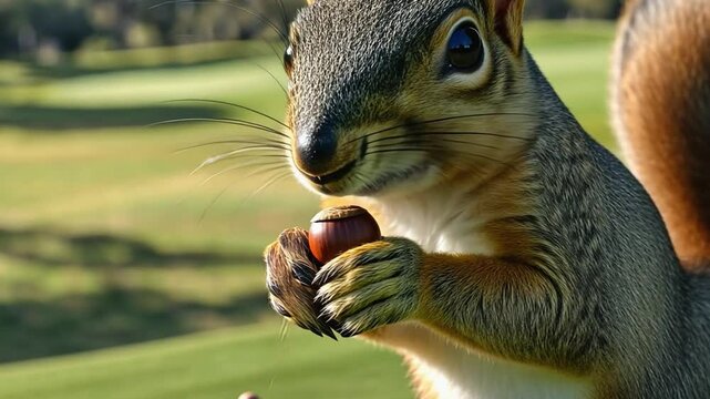 Adorable squirrel enjoying an acorn on a golf course