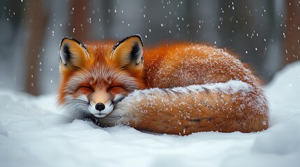 Fototapeta premium Red Fox Winter Nap: A stunning red fox curls up in a peaceful slumber amidst a light snowfall, its vibrant fur contrasting beautifully with the pristine white snow.
